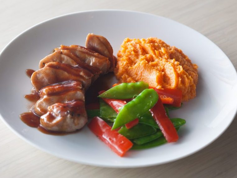 Brandy and Honey glazed Duck Breast with Mashed Yams, Snow Peas and Peppers